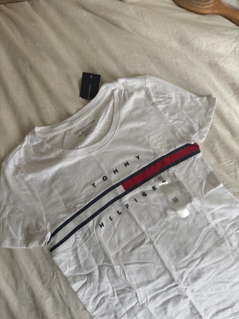 Tommy Hilfiger White Tee with Red and Navy Logo Stripes